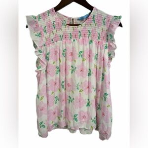 Draper James RSVP Pink Floral Smocked Flutter Sleeve Top Southern Preppy - XL